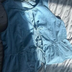 Blue Denim Sleeveless Top with Lace-Up Front